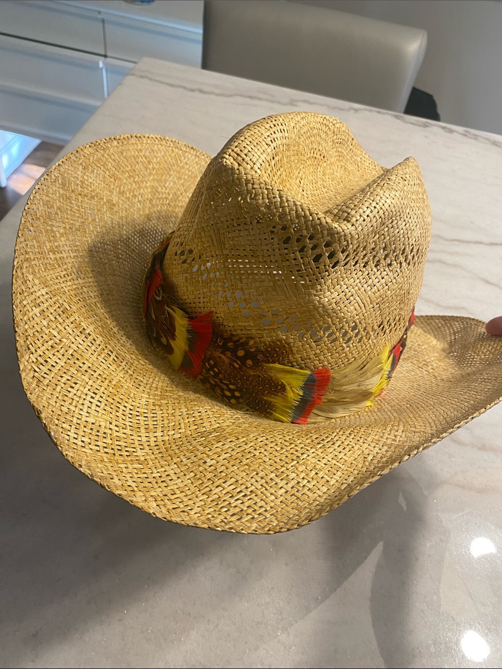 Larry Mahan Natural Straw Cowboy Hat with Feather Band horseshoe wheat 7 3/8